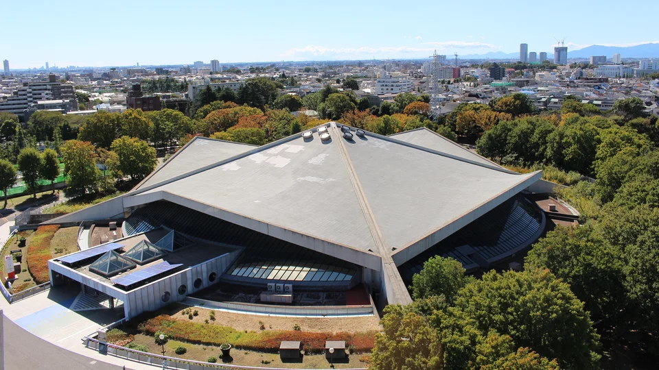 Exterior view of Komazawa Olympic Park General Sports Ground Gymnasium.